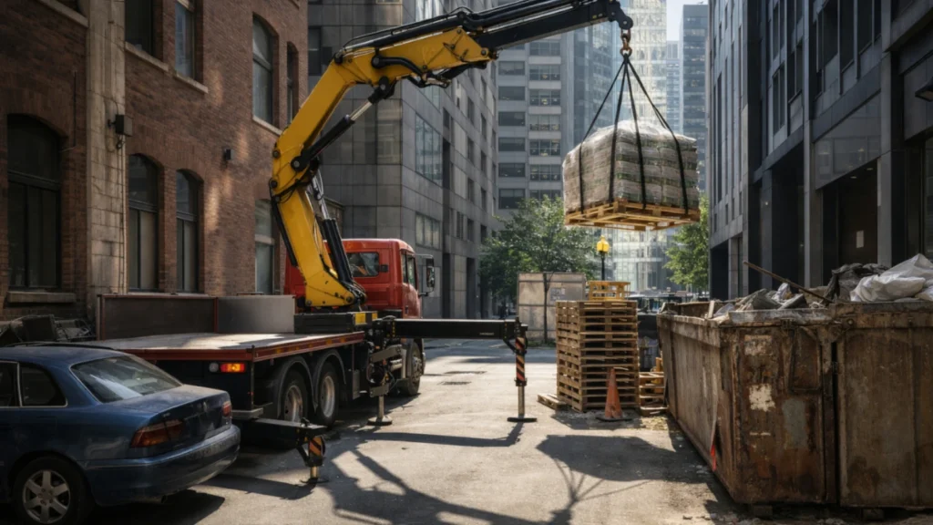 knuckle-boom truck-mounted crane working scene
