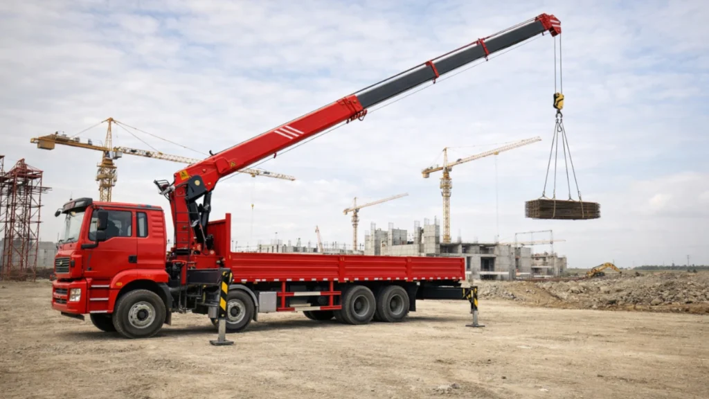 straight-boom truck-mounted crane working scene