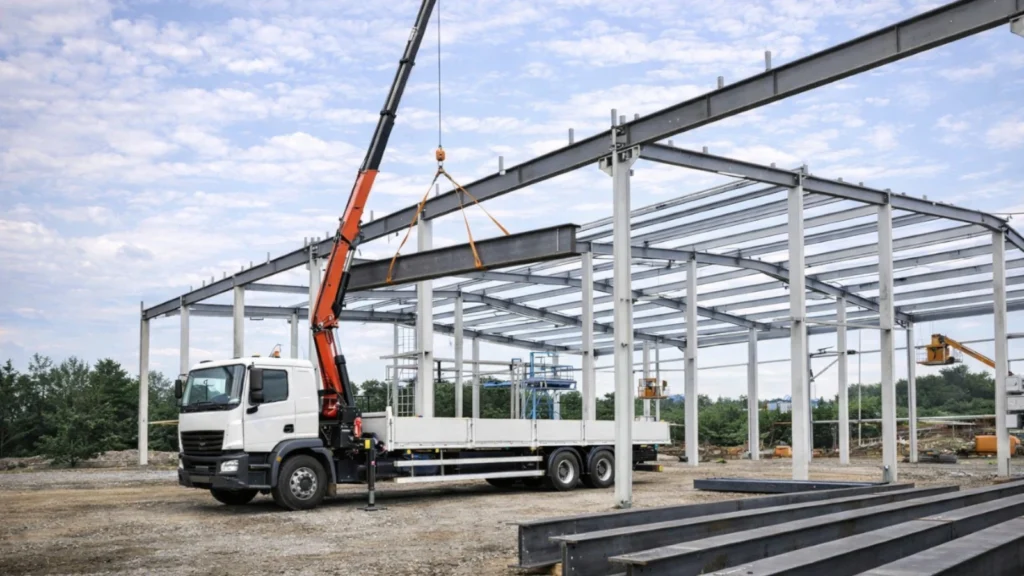 truck-crane-application-construction-lifting Truck crane lifting construction materials on site