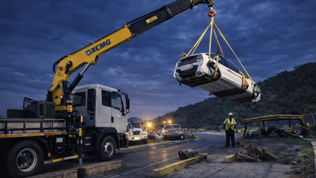 truck-mounted-crane-application-accident-resc Truck-mounted crane lifting and moving debris during accident rescue operations on sit