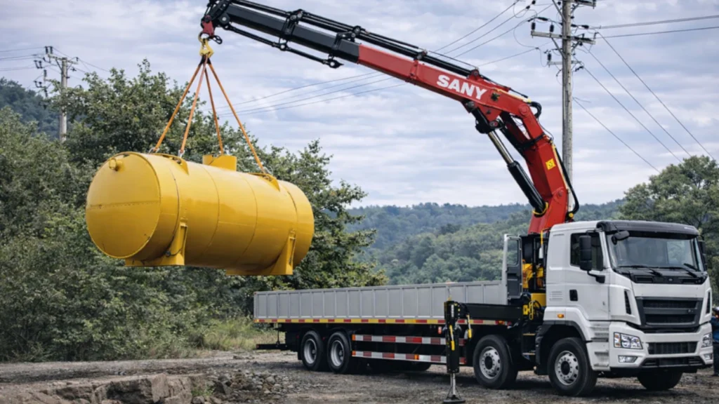 truck-mounted-crane-application-mining-site-storage-tank-lifting Truck-mounted crane lifting a storage tank at a mining site