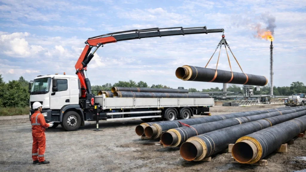 truck-mounted-crane-application-oil-gas-pipeline-construction-lifting Truck-mounted crane lifting pipeline materials on an oil and gas pipeline construction site